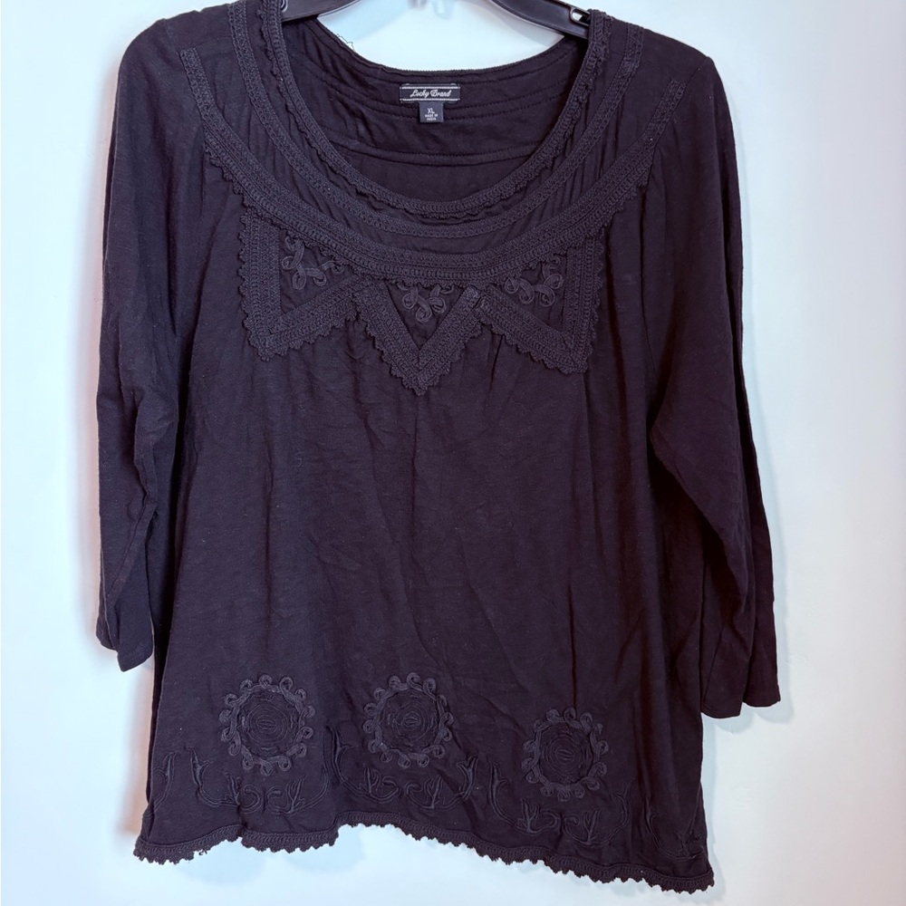 Lucky Brand Black Embroidered Scoop-Neck Tunic Top